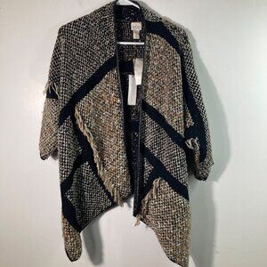 Chicos Wool Blend Fringe Tweed Kinsley Cardigan Sweater M Black Neutral